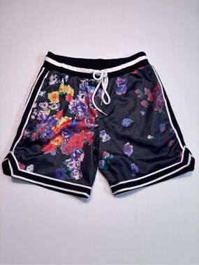 MNML Black Athletic Shorts with Multicolor Floral Print and White Trim